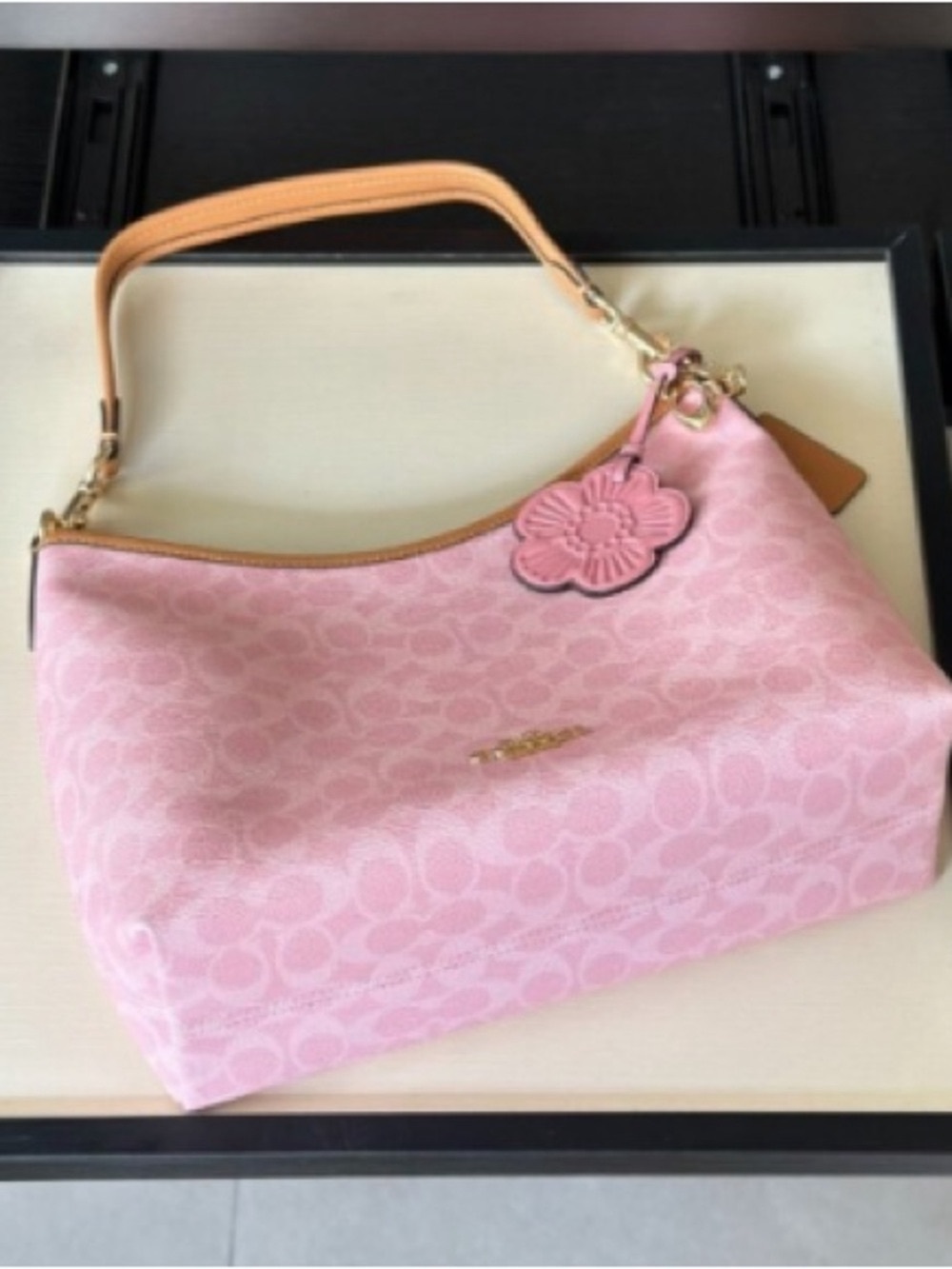 Coach Pink Signature Shoulder Bag with Tan Trim and Floral Charm - Picture 4 of 6